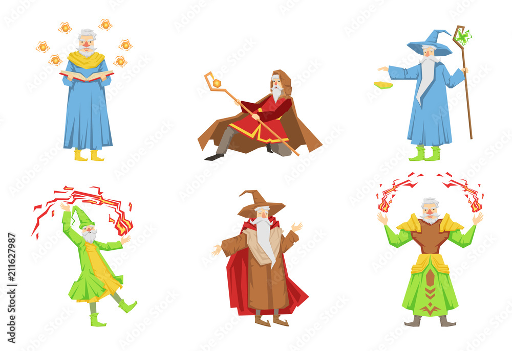 Flat vector set of magicians in different actions. Old gray-bearded wizards. Cartoon characters with magical powers