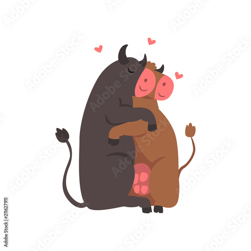 Couple of cute cows in love embracing each other, two happy aniimals hugging with hearts over their head vector Illustration on a white background photo