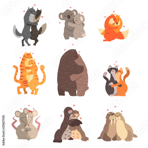 Couple of cute animals in love embracing each other set, happy wild and domestic animals hugging with hearts over their head vector Illustrations on a white background