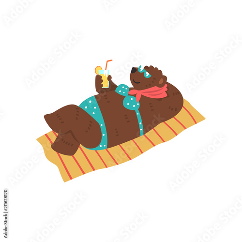 Humanized female bear character in swimsuit lying on beach towel with cocktail in her hands cartoon vector Illustration on a white background