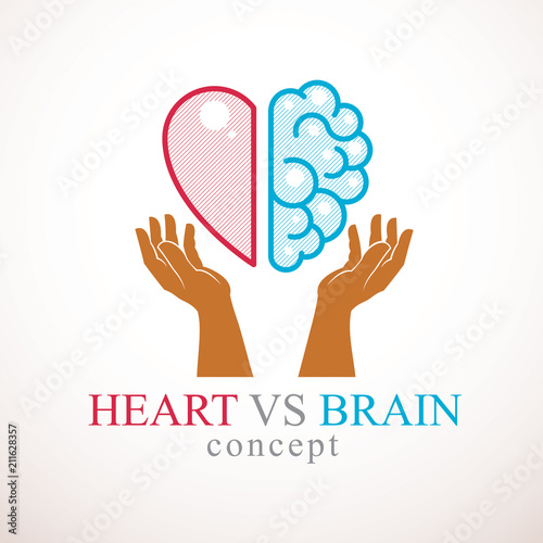 Heart and Brain concept, conflict between emotions and rational thinking, teamwork and balance between soul and intelligence. Vector logo or icon design.