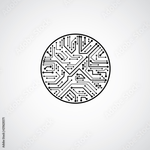 Vector circuit board circle, digital technologies abstraction. Black and white computer microprocessor scheme, futuristic design.