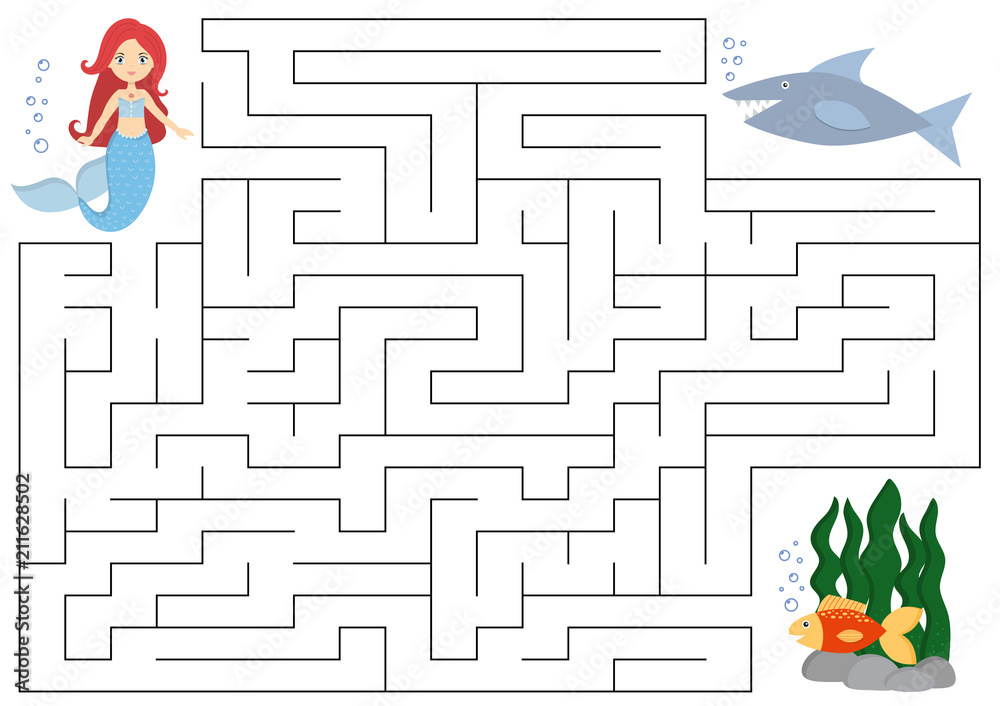 Maze Educational Game For Kids Help The Mermaid Find Right Way To The