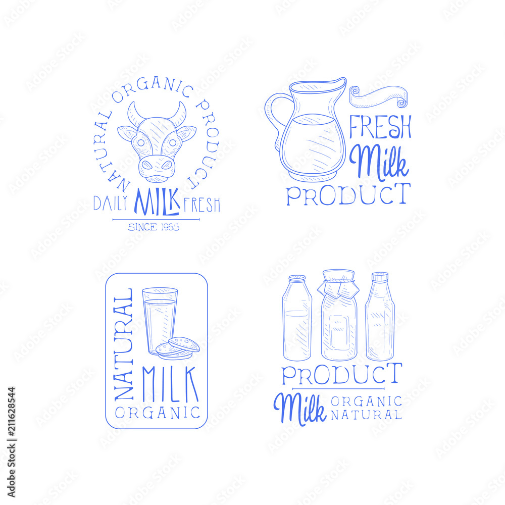 Vector set of 4 hand drawn emblems for fresh dairy products. Logo templates with cow head and jug, glass with cookies and bottles
