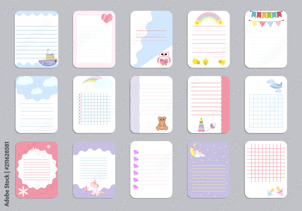 Kids notebook page template vector cards, notes, stickers, labels, tags  paper sheet illustration. Stock Vector