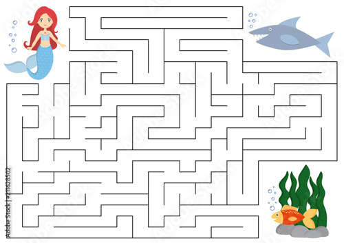 Maze educational game for kids. Help the mermaid find right way to the fish.  Beware of shark. Vector illustration