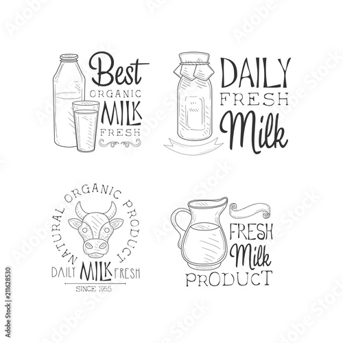 Vector set of logos for fresh dairy products. Sketch style emblems with bottles and glass, cow head and jug. Design for milk packaging