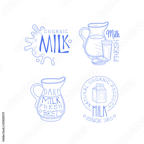 Vector set of labels for dairy products. Sketch style emblems with milk splashes, cardboard packaging, jugs and glass with cookies