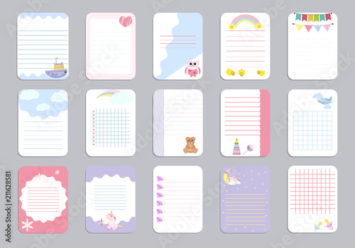 Kids notebook page template vector cards, notes, stickers, labels, tags paper sheet illustration.