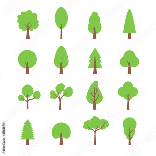 Flat trees set. Flat forest tree nature plant isolated eco foliage