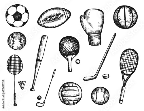 sports equipment balls and rackets vector sketch icons isolated silhouette