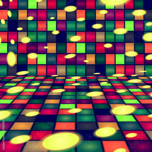 Illustration - Dance house, room. Dance floor, wall, palette of colors. Vector. Green, and red base colors.