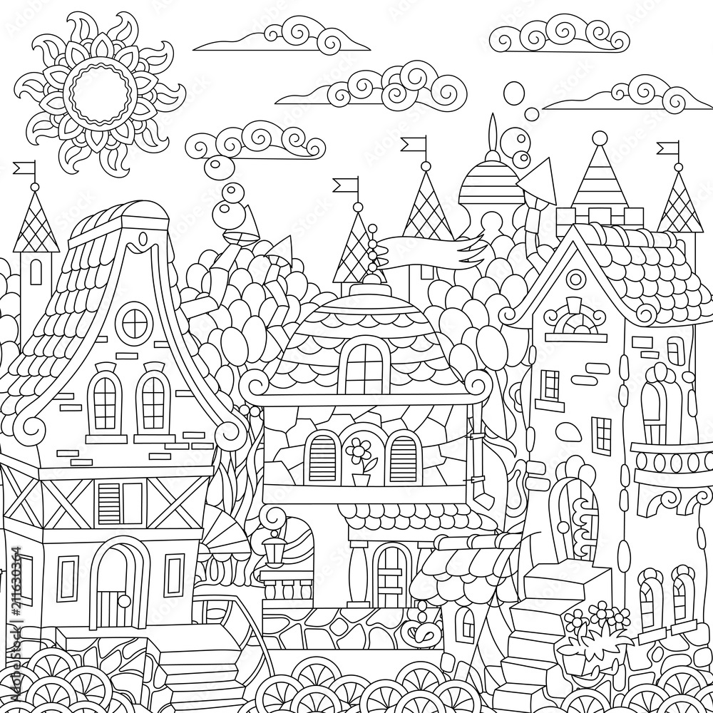 Fairy tale town. Fairytale city. Fantasy downtown with vintage houses. Coloring page. Colouring picture. Coloring book. Freehand sketch drawing. Vector illustration.