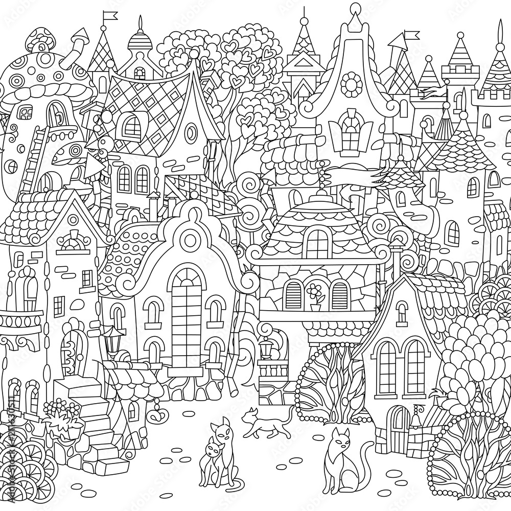 Fairy tale town. City landscape. Fantasy cityscape with vintage houses and cats. Coloring page. Colouring picture. Coloring book. Freehand sketch drawing. Vector illustration.