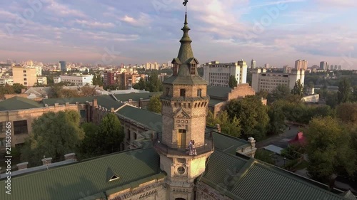 flight of the drone over the roofs of the old city