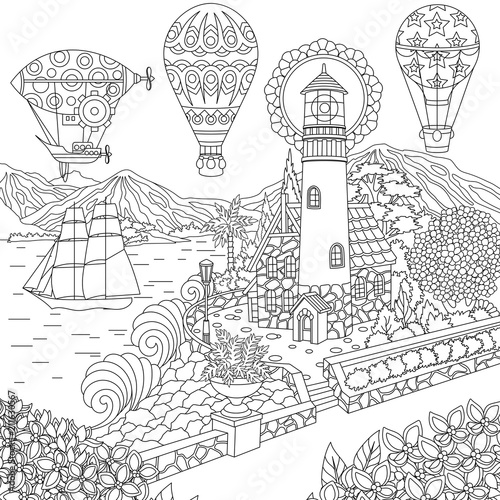 Lighthouse. Sailing ship. Dirigible. Hot air balloons. Coloring page. Colouring picture. Coloring book. Freehand sketch drawing. Vector illustration.