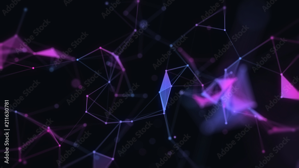 Abstract 3d technology futuristic geometrical and science neon background. Plexus digital wallpaper. Business concept. Medical structure and artificial intelligence. Rendering computer virtual reality