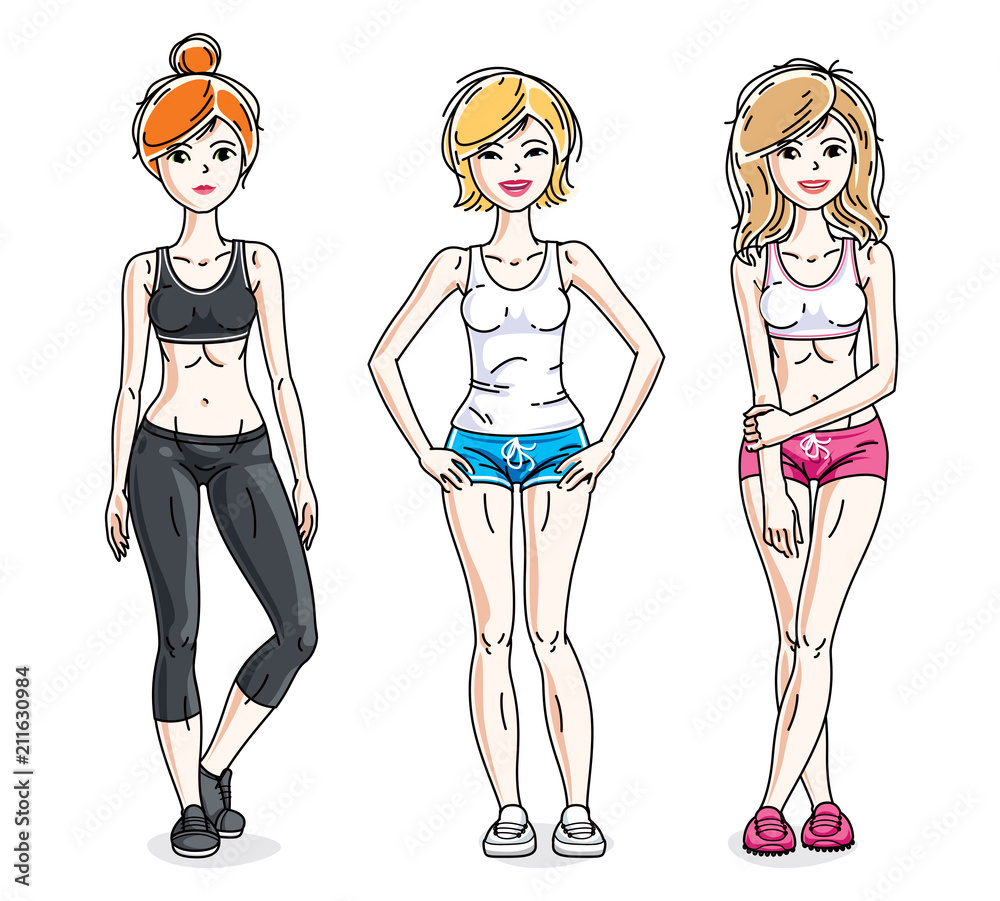 Attractive young women standing in stylish sportswear. Vector people illustrations set. Lifestyle theme fem characters. Attractive young women standing in stylish sportswear. Vector people illustrations set. Lifestyle theme fem characters.