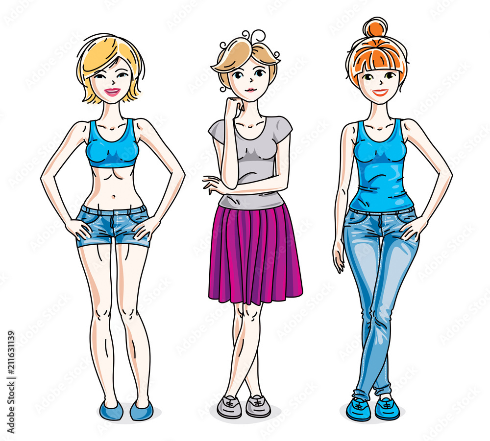 Happy cute young women group standing wearing fashionable casual clothes. Vector set of beautiful people illustrations. Happy cute young women group standing wearing fashionable casual clothes. Vector set of beautiful people illustrations.
