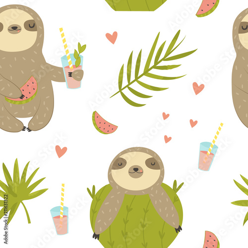 Tropical seamless pattern with sloth and cactus