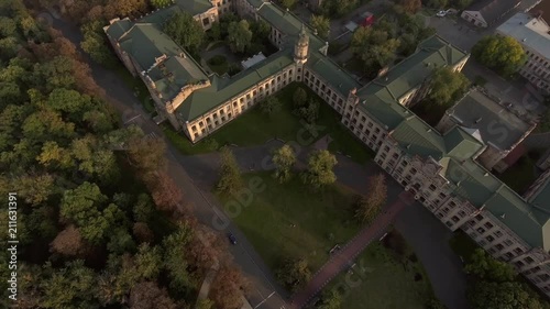 flight of the drone over the roofs of the old city