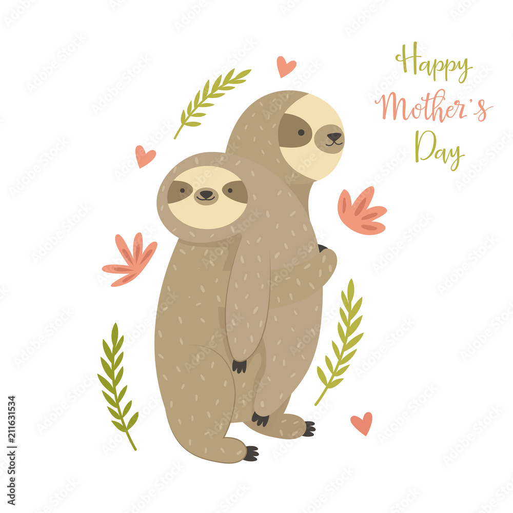 Fototapeta premium Mother sloth bearing her child. Greeting card