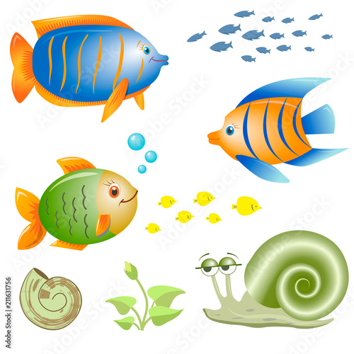 Cartoon inhabitants of the sea - funny fish, brooding snail and seaweed
