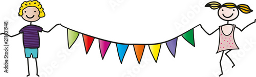  Einladung zum Kindergeburtstag - zwei fröhliche Kinder mit Girlande feiern Geburtstag, Einschulung, Fest, Feier, Kinderfest, Wimpelkette als deko, zwei Kinder mit Abstand
