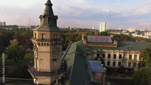 flight of the drone over the roofs of the old city