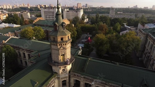 flight of the drone over the roofs of the old city