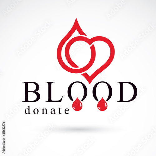 Volunteer donorship, healthcare and medical treatment conceptual logo composed with red heart shape and blood drops.