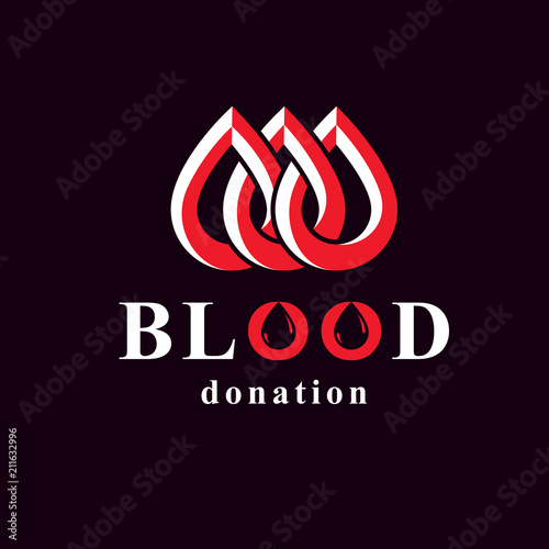 Blood donor inscription isolated on white. Vector red blood drops. Save life and donate blood. Medical care emblem.