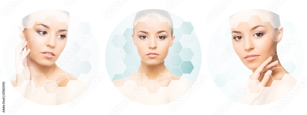 Beautiful face of young and healthy girl in collage. Plastic surgery, skin care, cosmetics and face lifting concept. Beautiful face of young and healthy girl in collage. Plastic surgery, skin care, cosmetics and face lifting concept.