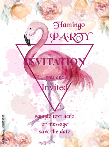Flamingo party watercolor card Vector. Hand drawn background with paint stains