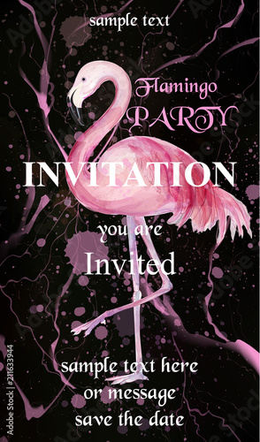 Flamingo party invitation card Vector. Watercolor Hand drawn background with ...