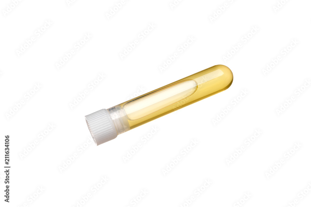 a tube with a stopper and a colored liquid inside isolated on white a tube with a stopper and a colored liquid inside isolated on white