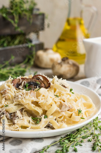 Fetuchini alfredo with mushrooms and chicken ham in creamy cheese sauce