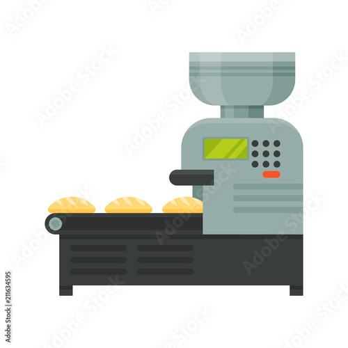 Conveyor line with bread, stage of bread production process on a white background