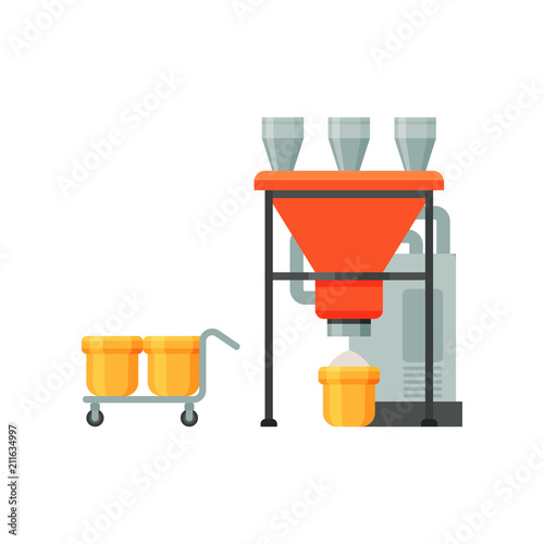 Flour grinding industrial equipment, stage of bread production process on a white background