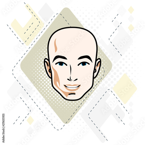 Vector illustration of handsome male face, positive face features of hairless man, clipart.