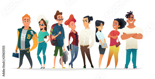 Group of charismatic smiling young people standing together. Students, schoolchildren, young professionals collection. Cartoon Characters design for your projects. © Vector_Vision