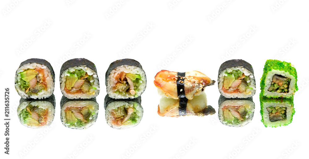 smoked eel sushi and rolls on white background with reflection smoked eel sushi and rolls on white background with reflection