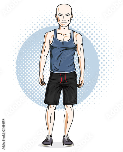 Handsome hairless young man poses on modern background. Vector illustration of male. Lifestyle theme clipart.