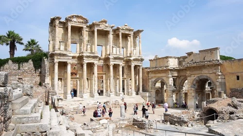 EPHESUS, TURKEY - JUNE 20, 2018 : Celsus library in Ephesus ancient city ruins on cloudy sky. Ephesus famous place for tourists in Izmir for historical place.