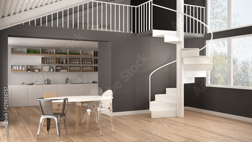 Fotografie Minimalist white and gray kitchen with mezzanine and modern spiral staircase, lo