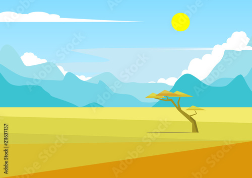 African landscape with mountains and a tree standing in the middle of the savannah and mountains in the distance. Acacia and in the field of savanna illustration. The nature of Africa.
