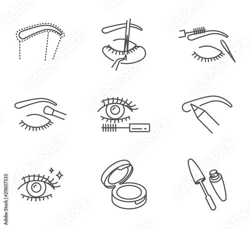 Eye makeup and cosmetology vector icons set outline style