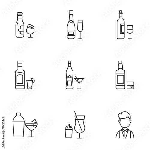 Alcohol drinks vector icons set outline style