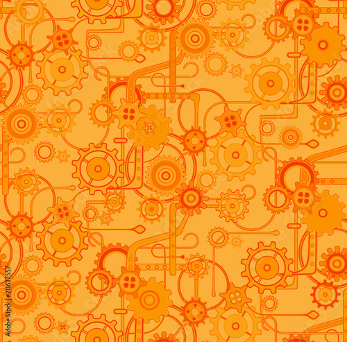 Mechanical seamless vector background pattern . Orange and brown
