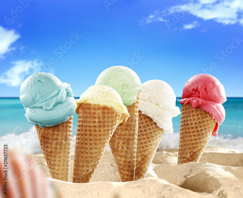 Summer photo of icecream and beach background 